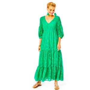 NWT LILLY PULITZER sz 10 Breanne Elbow Sleeve Eyelet Maxi Dress Botanical Green